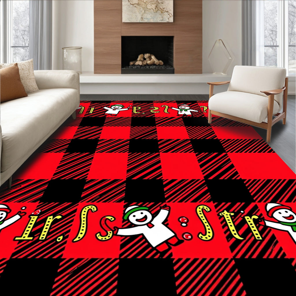 Red Black Buffalo Check Snowmen Rug