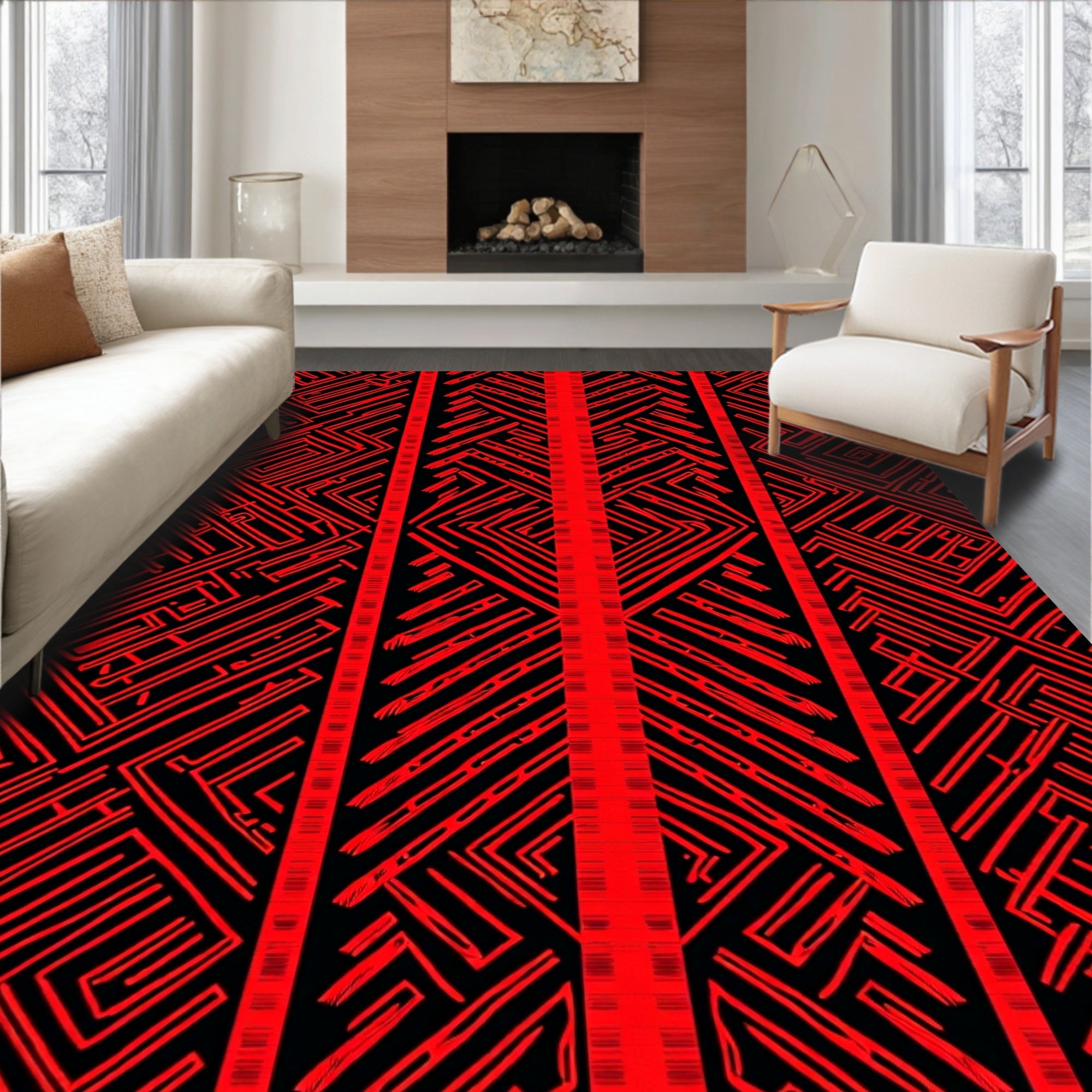 Bold Crimson Geometric Labyrinth Rug