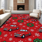 Red Vintage Cars Christmas Snowflakes Wreaths Rug