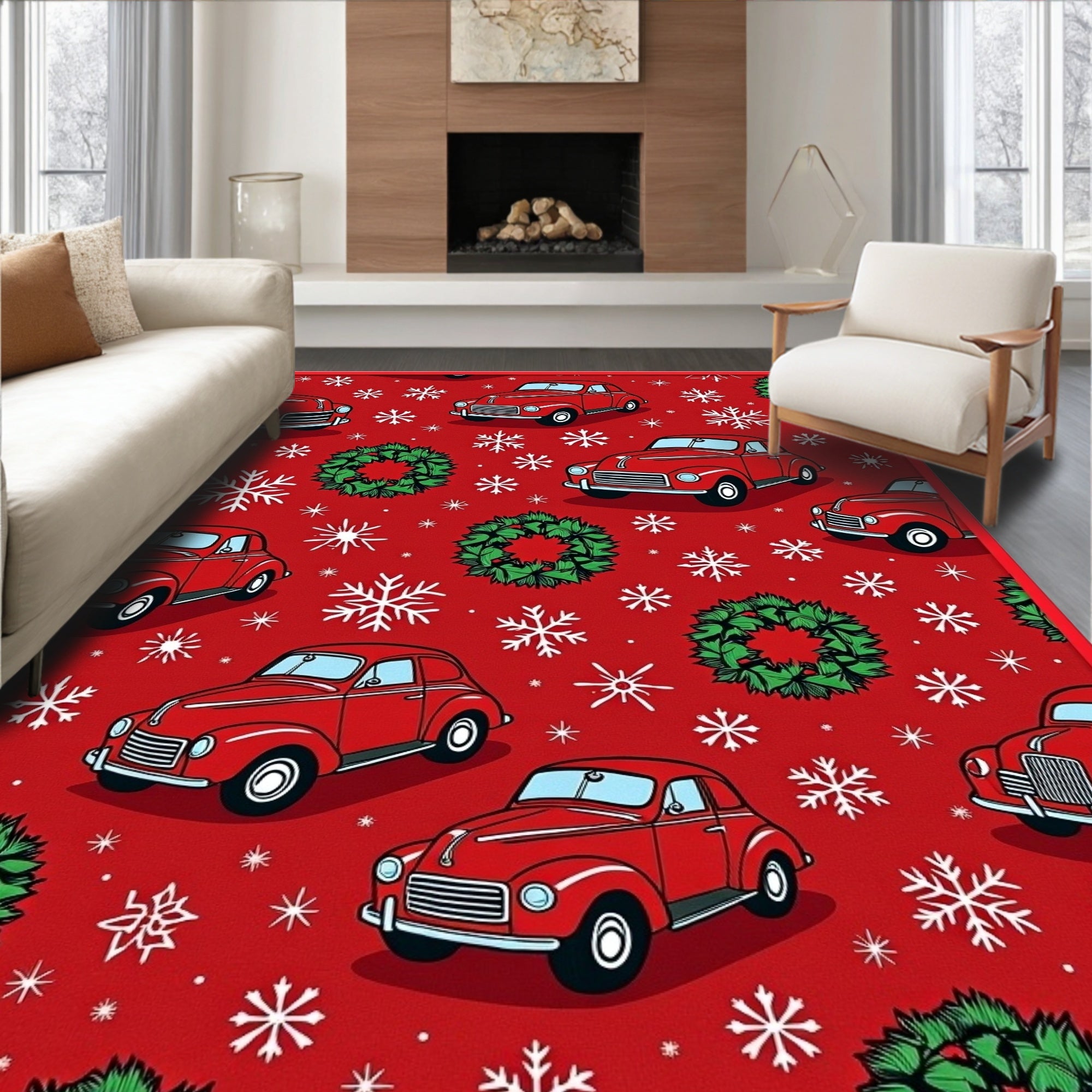 Red Vintage Cars Christmas Snowflakes Wreaths Rug