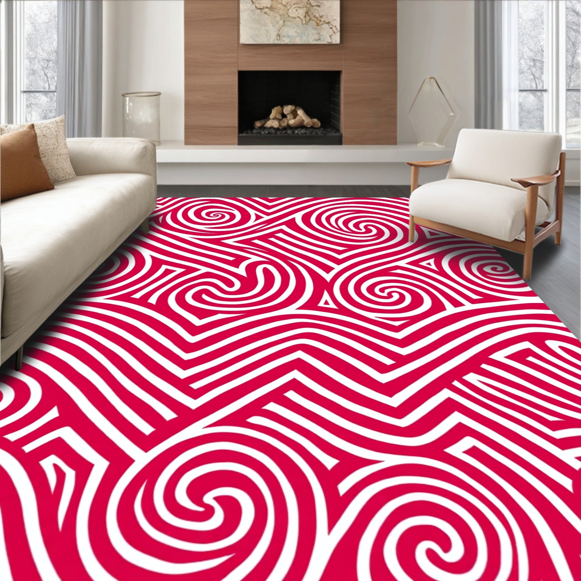 Crimson White Swirl Geometric Rug