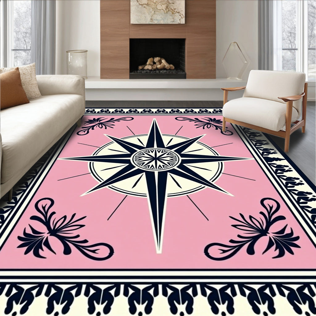 Pink Compass Star Floral Border Rug