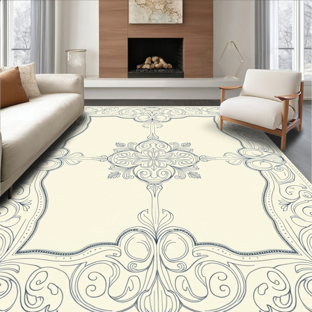 Ornate Navy Floral Scrollwork Border Rug