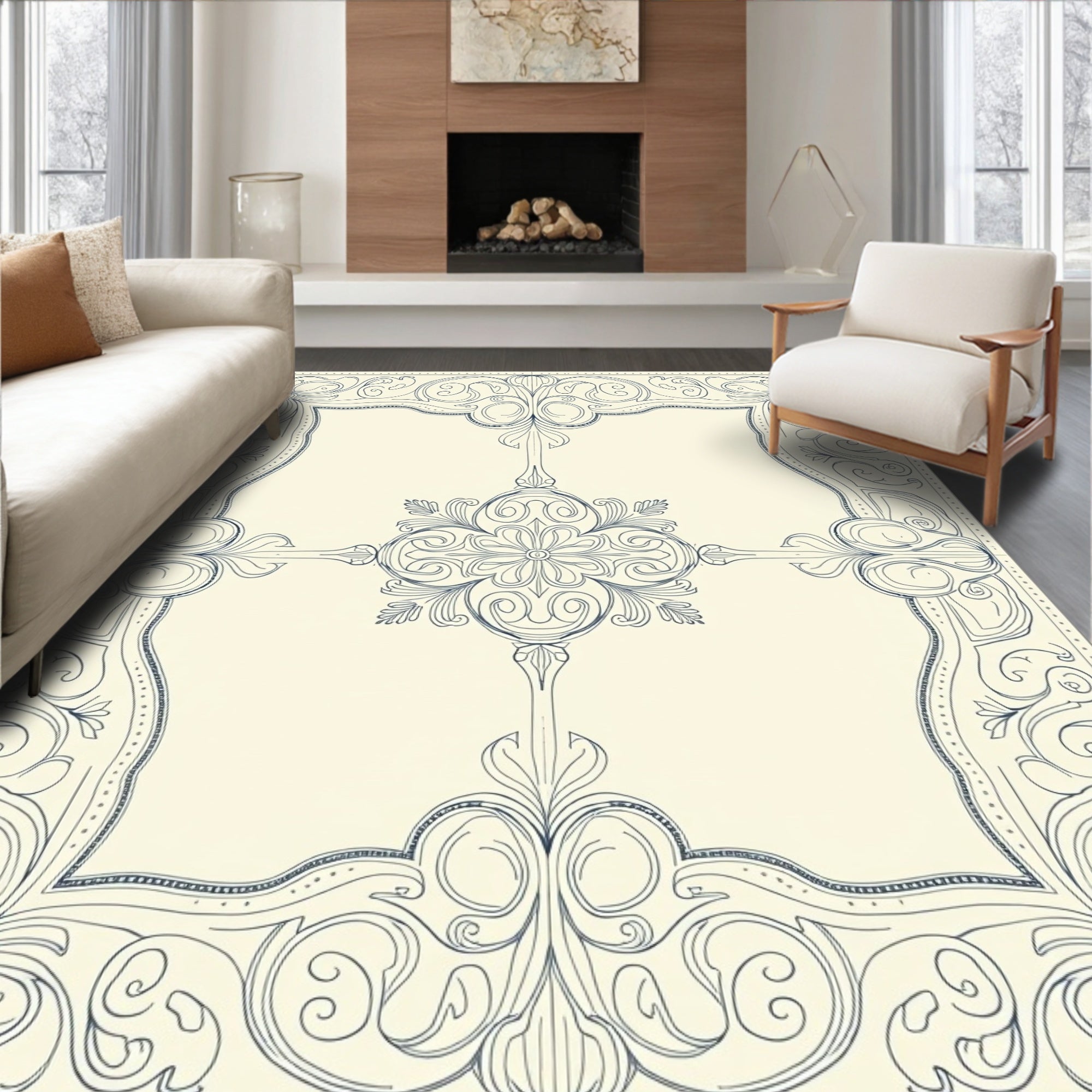 Ornate Navy Floral Scrollwork Border Rug