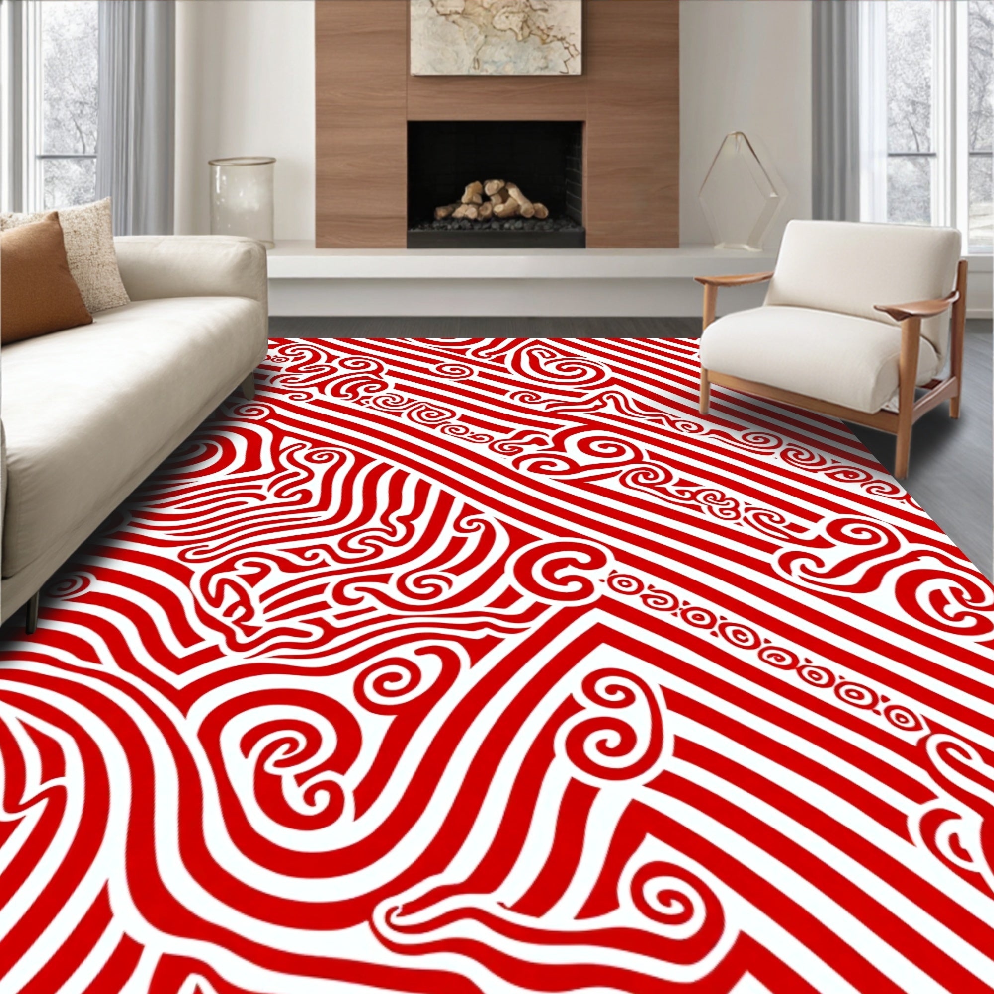 Bold Red Swirls Diagonal Stripes Rug