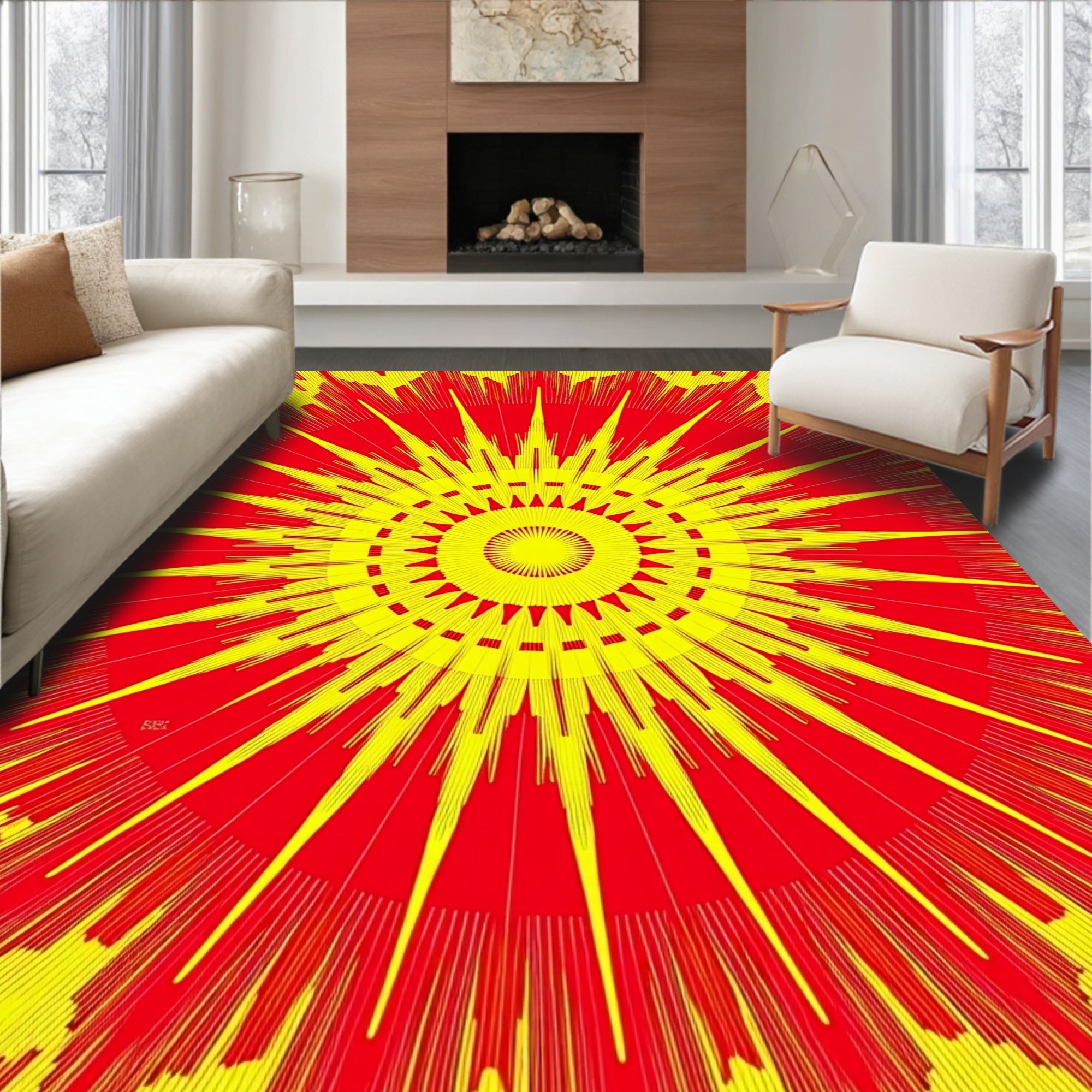 Radiant Sunburst Yellow Red Rug