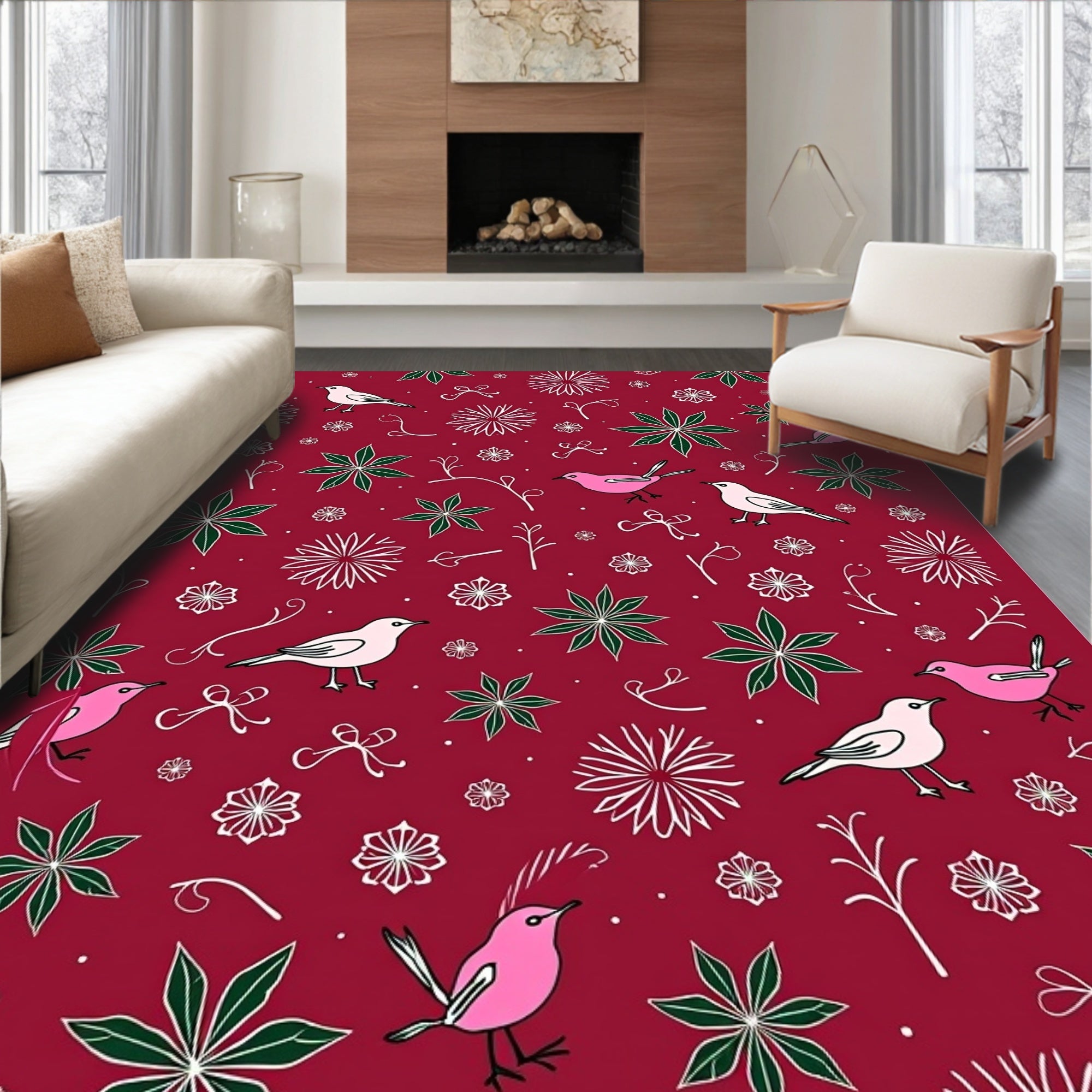 Pink and White Bird Garden Rug