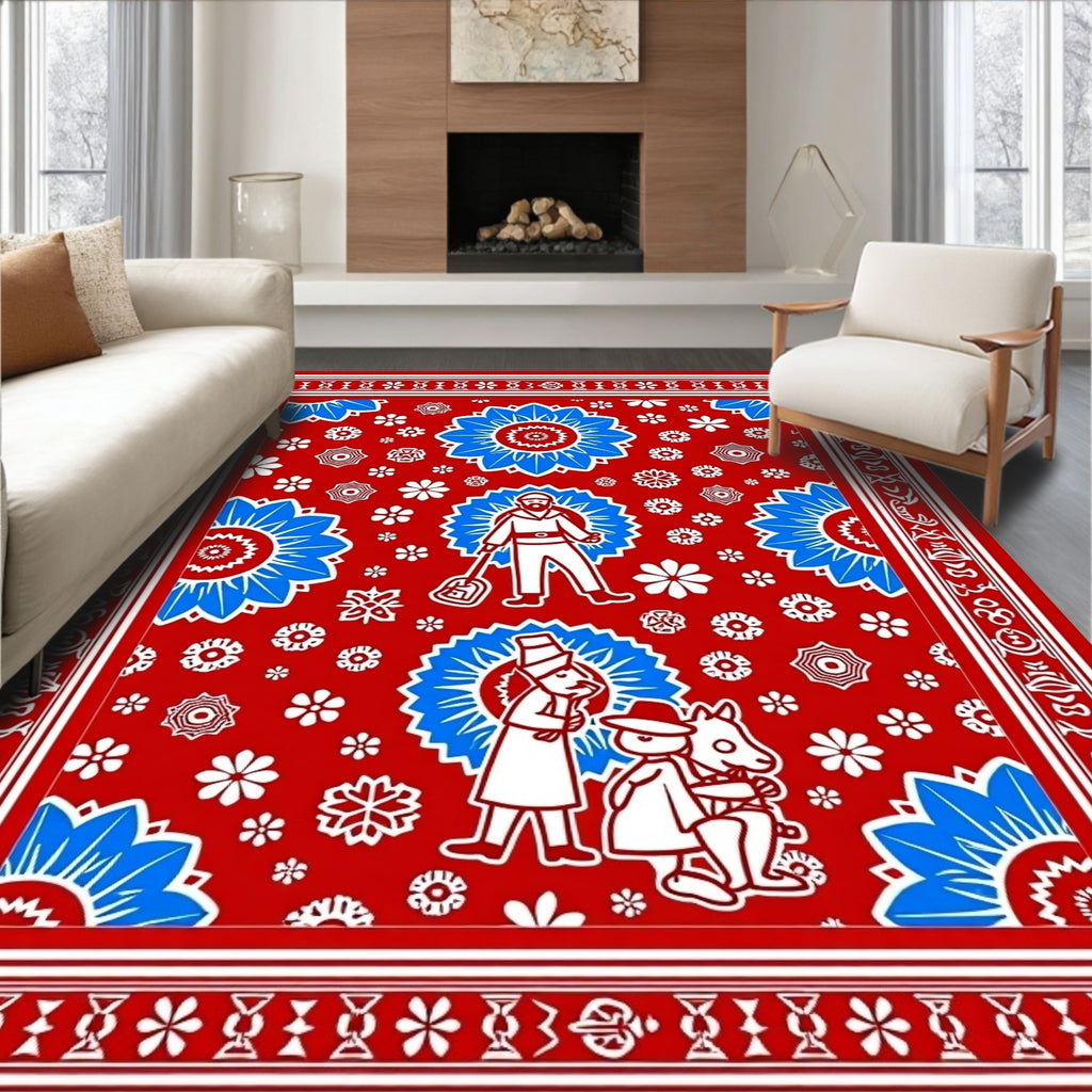 Crimson Red Blue Floral Whimsical Figures Rug
