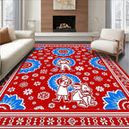 Crimson Red Blue Floral Whimsical Figures Rug