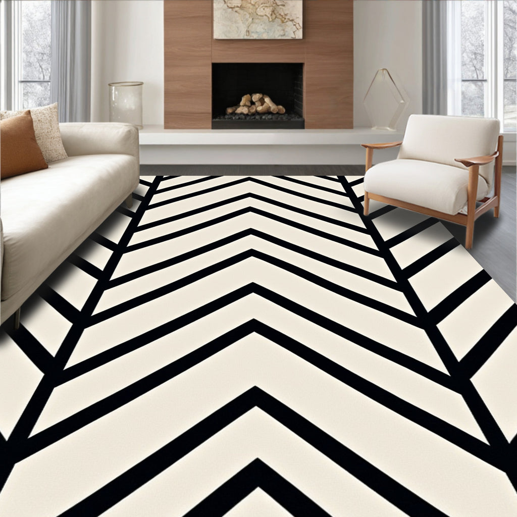 Black Ivory Chevron Geometric Rug