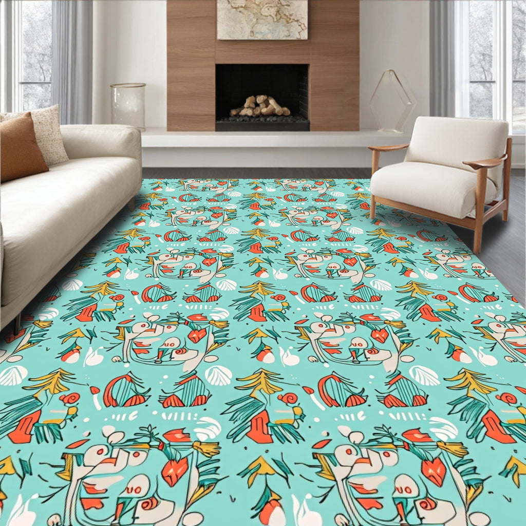 Teal Red Whimsical Figural Forest Rug