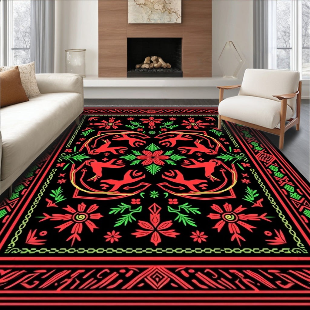 Bold Red Green Animal Floral Arrangement Rug