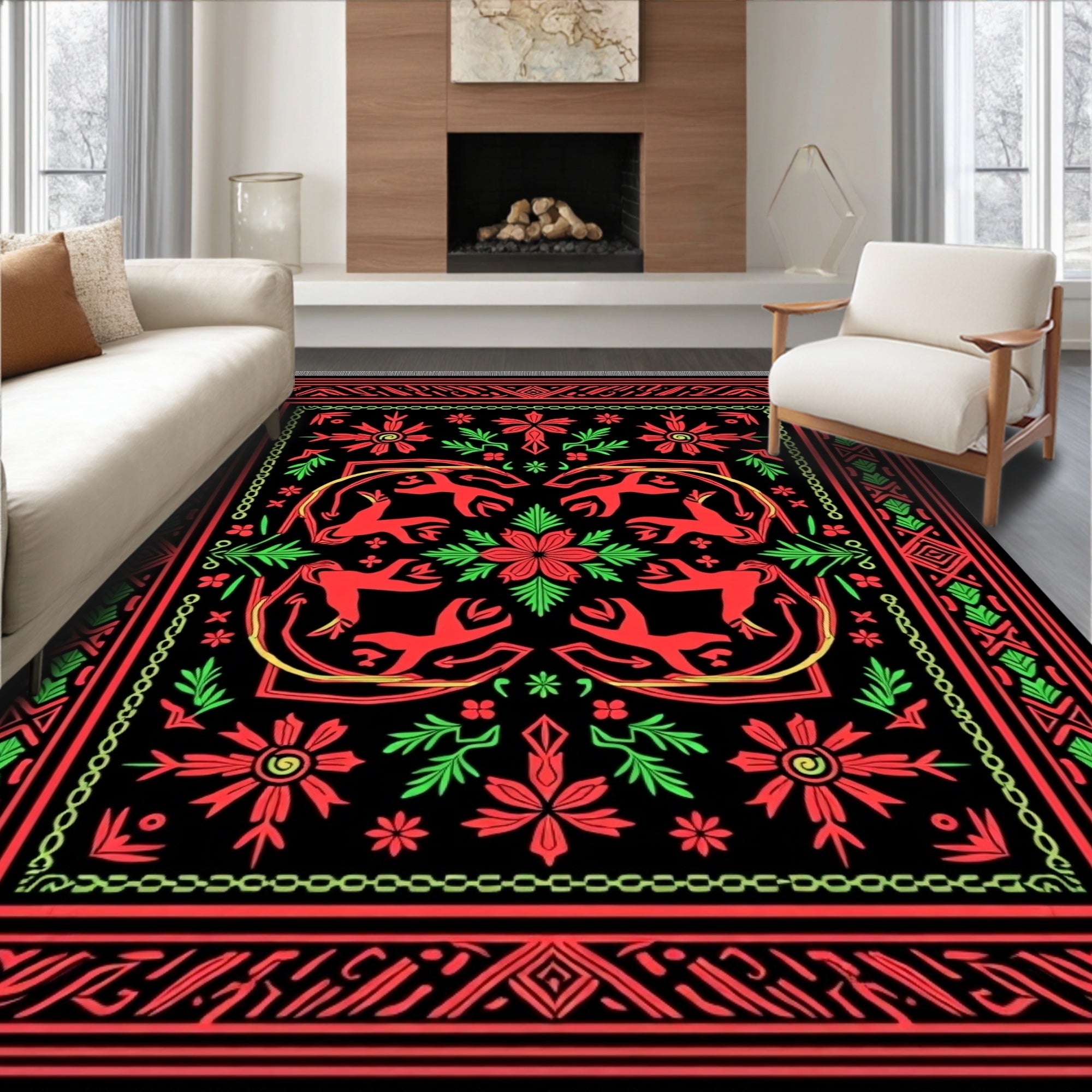 Bold Red Green Animal Floral Arrangement Rug
