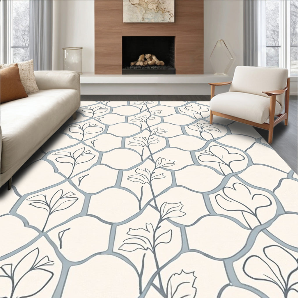 Cream Blue Garden Vine Arabesque Rug