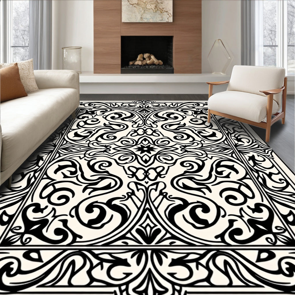 Ornate Black and Cream Scrollwork Rug