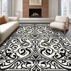 Ornate Black and Cream Scrollwork Rug