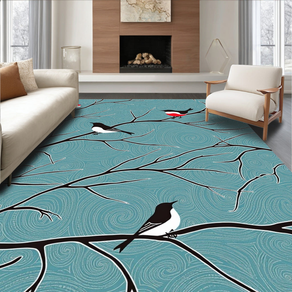 Teal Swirl Birds on Branches Rug