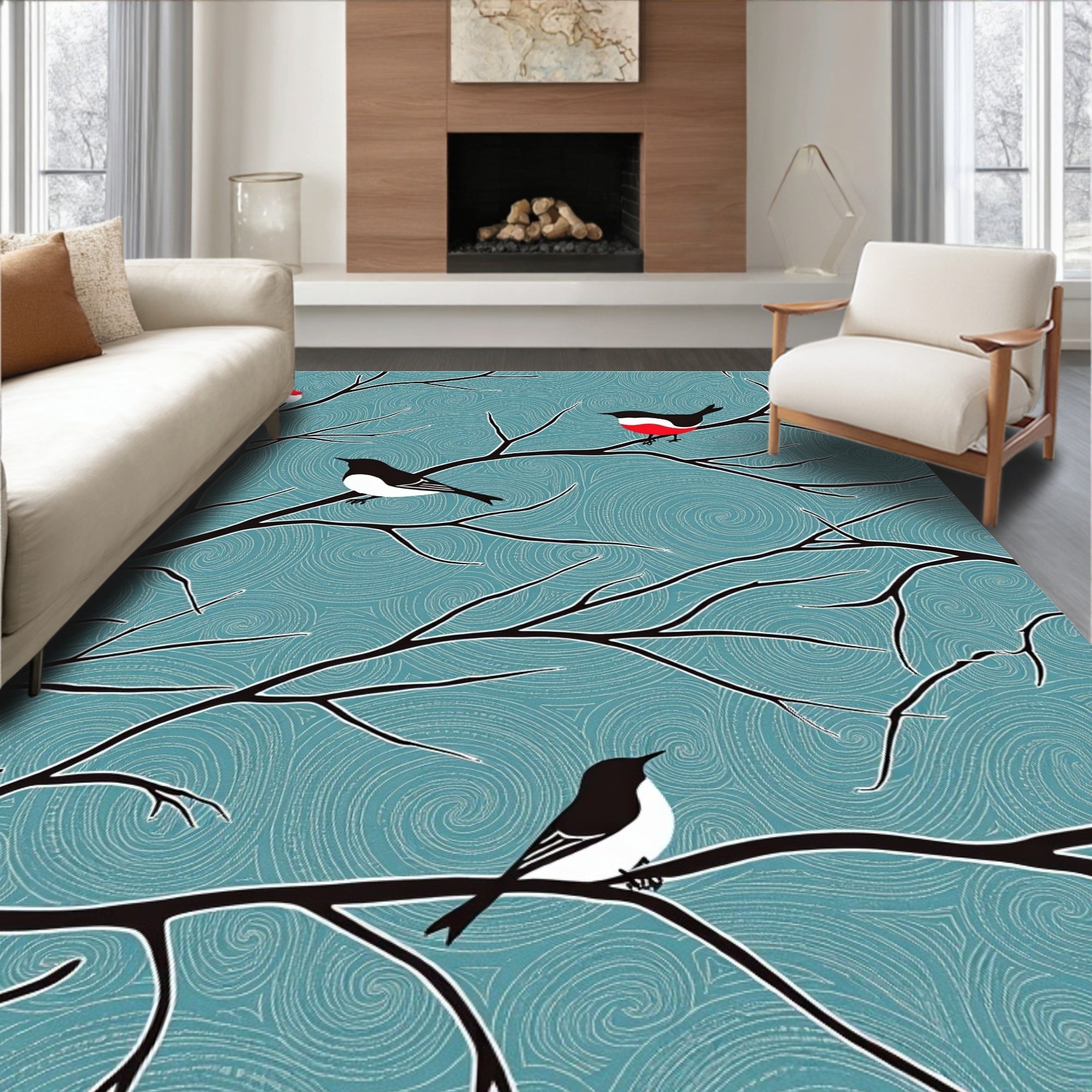 Teal Swirl Birds on Branches Rug