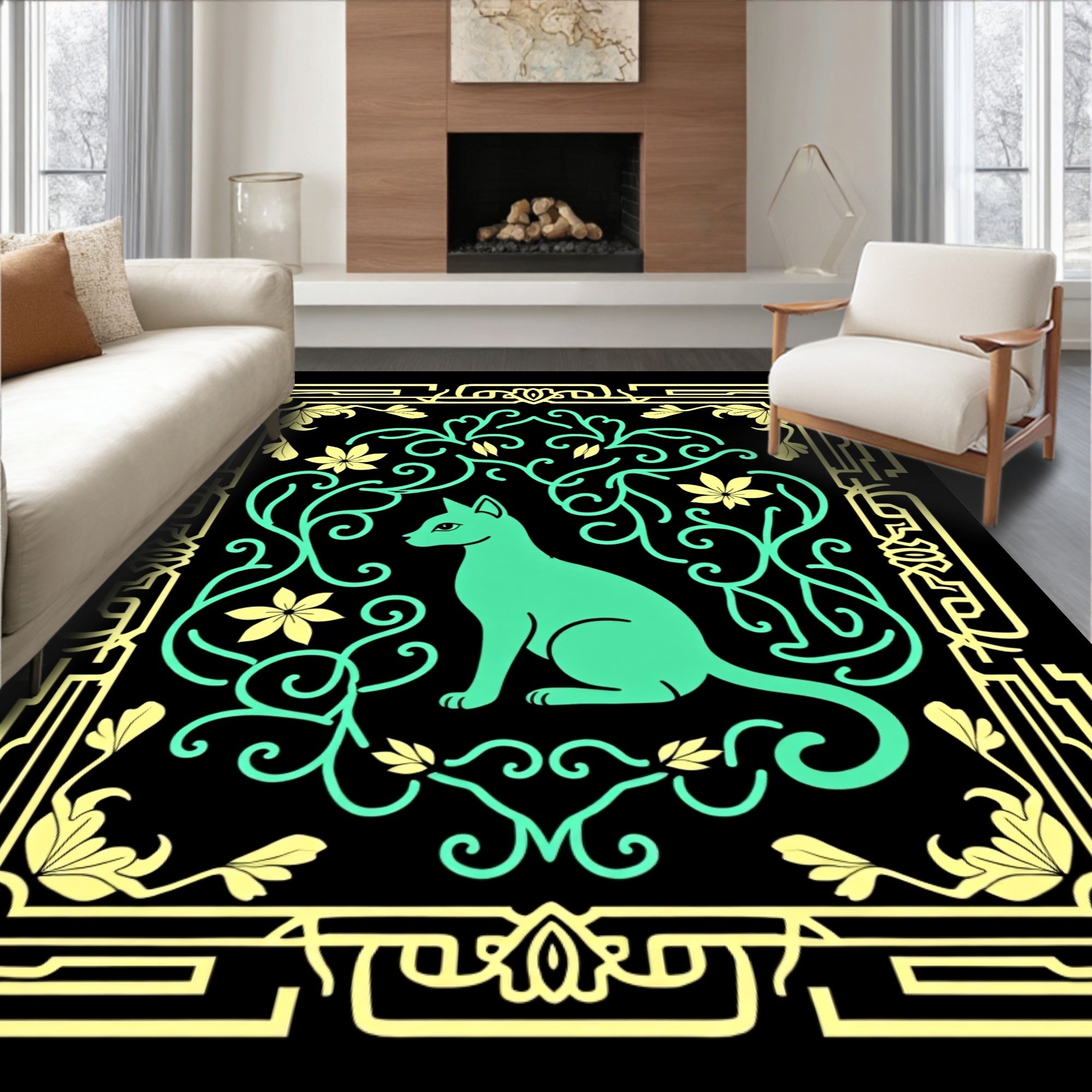 Art Deco Teal Cat Floral Frame Rug