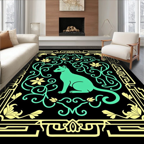 Art Deco Teal Cat Floral Frame Rug