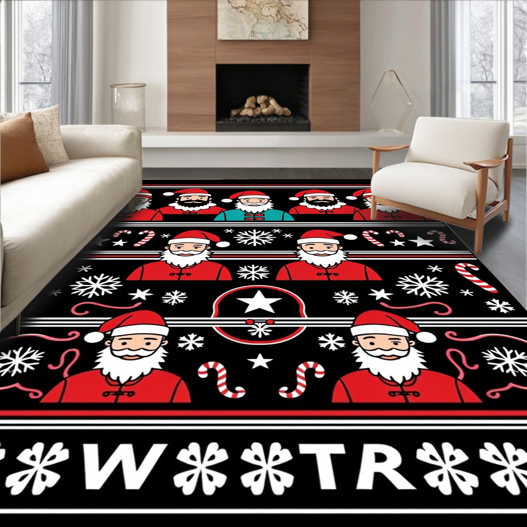 Festive Santa Claus Candy Cane Snowflakes Rug