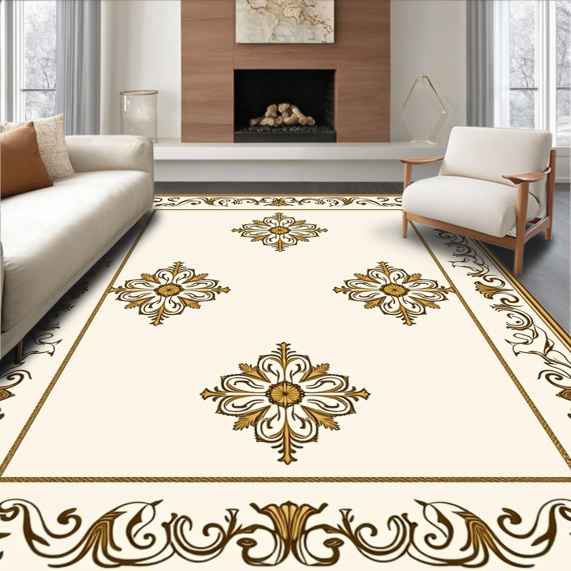 Cream Gold Scroll Floral Medallion Rug