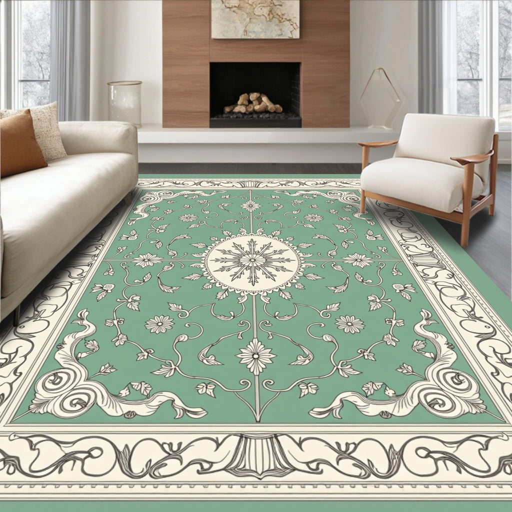 Classic Sage Green Floral Medallion Rug