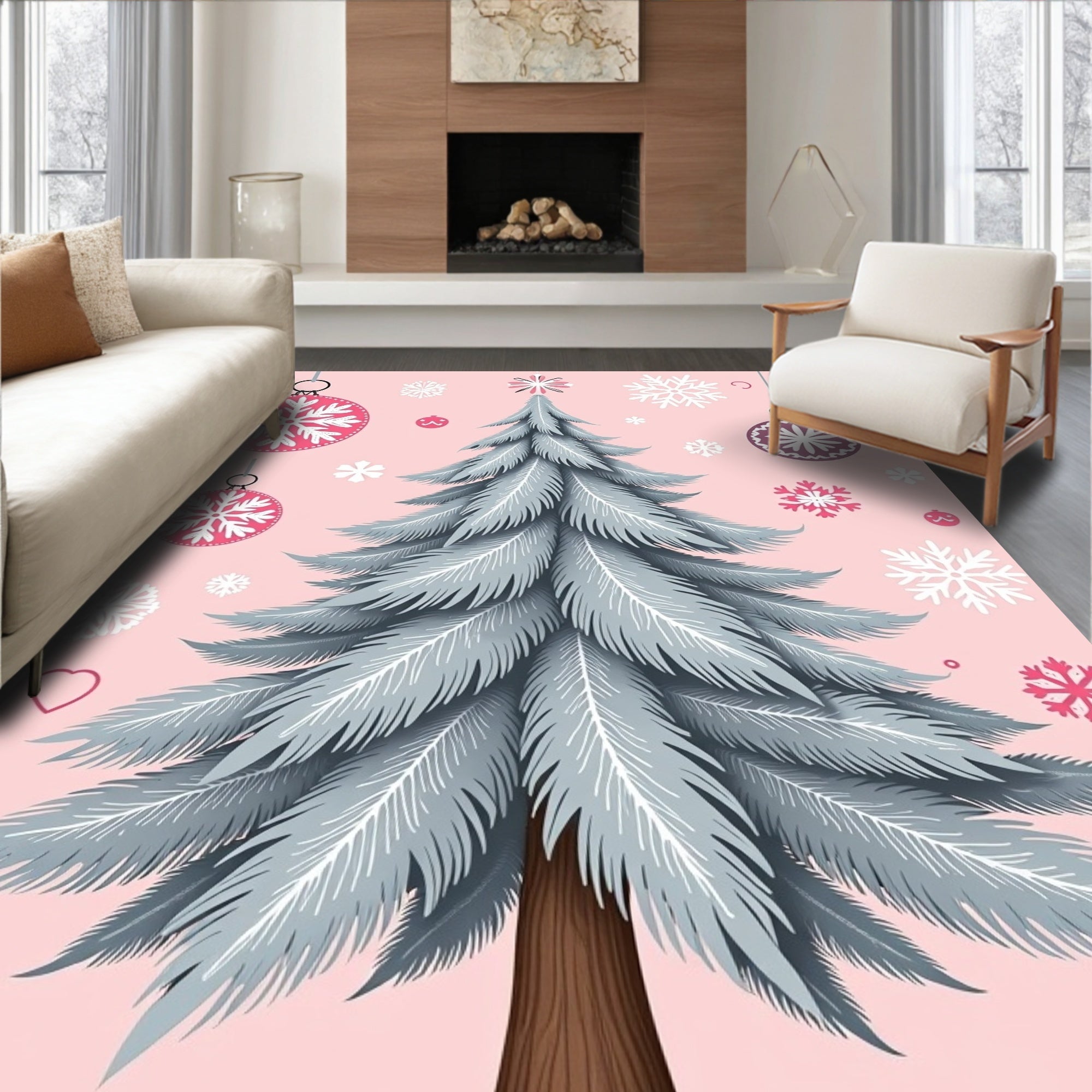 Pink Snowflake Christmas Tree Ornament Rug