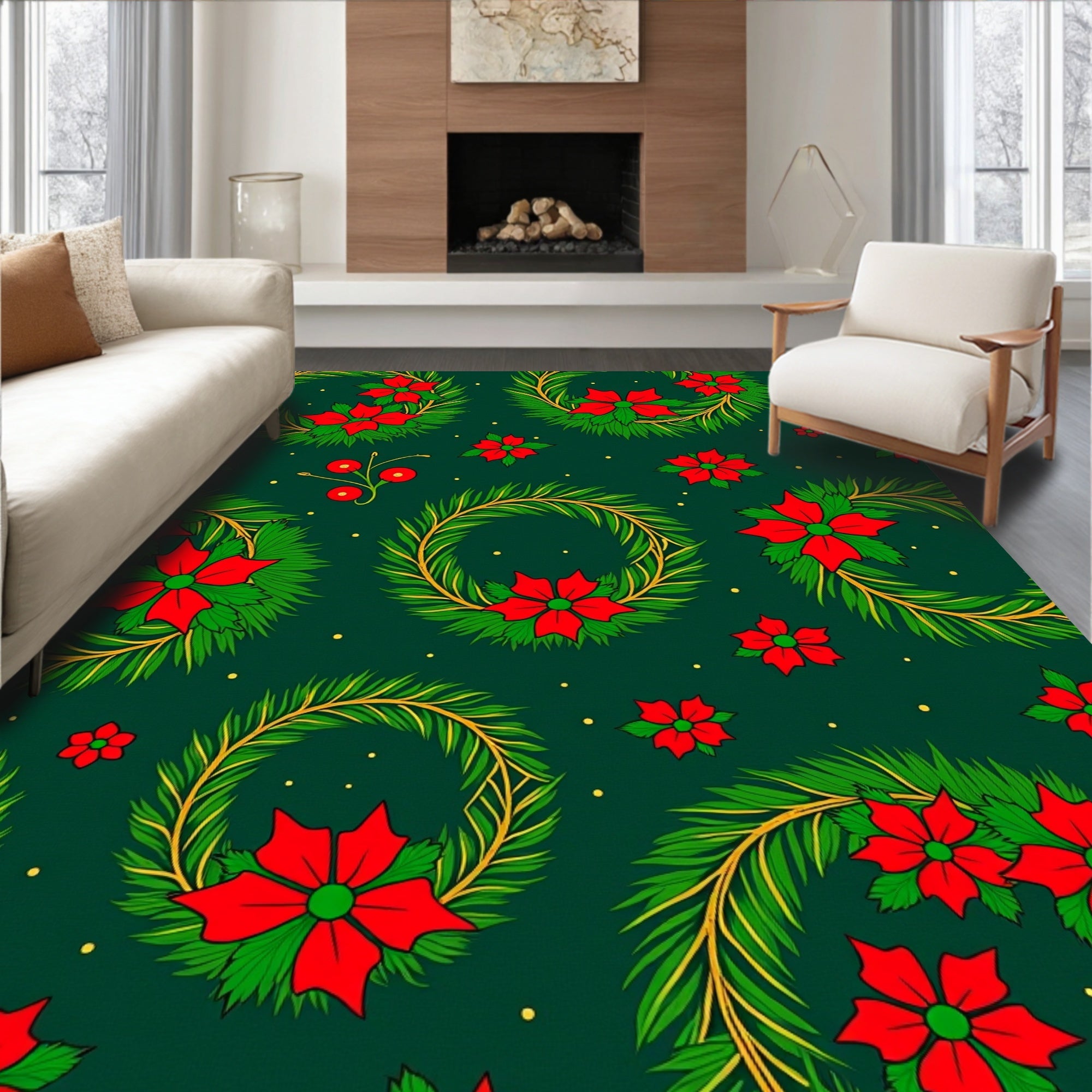 Green Wreaths Red Flowers Gold Accents Rug