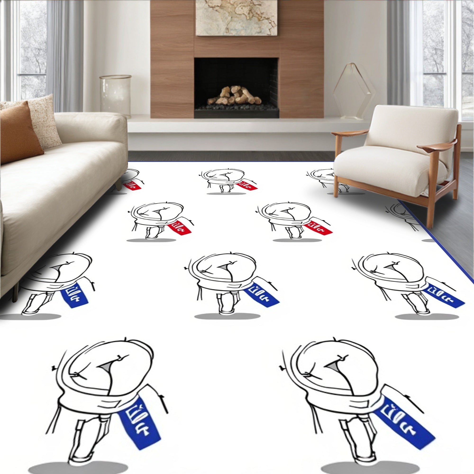 Abstract Red Blue White Figurative Rug