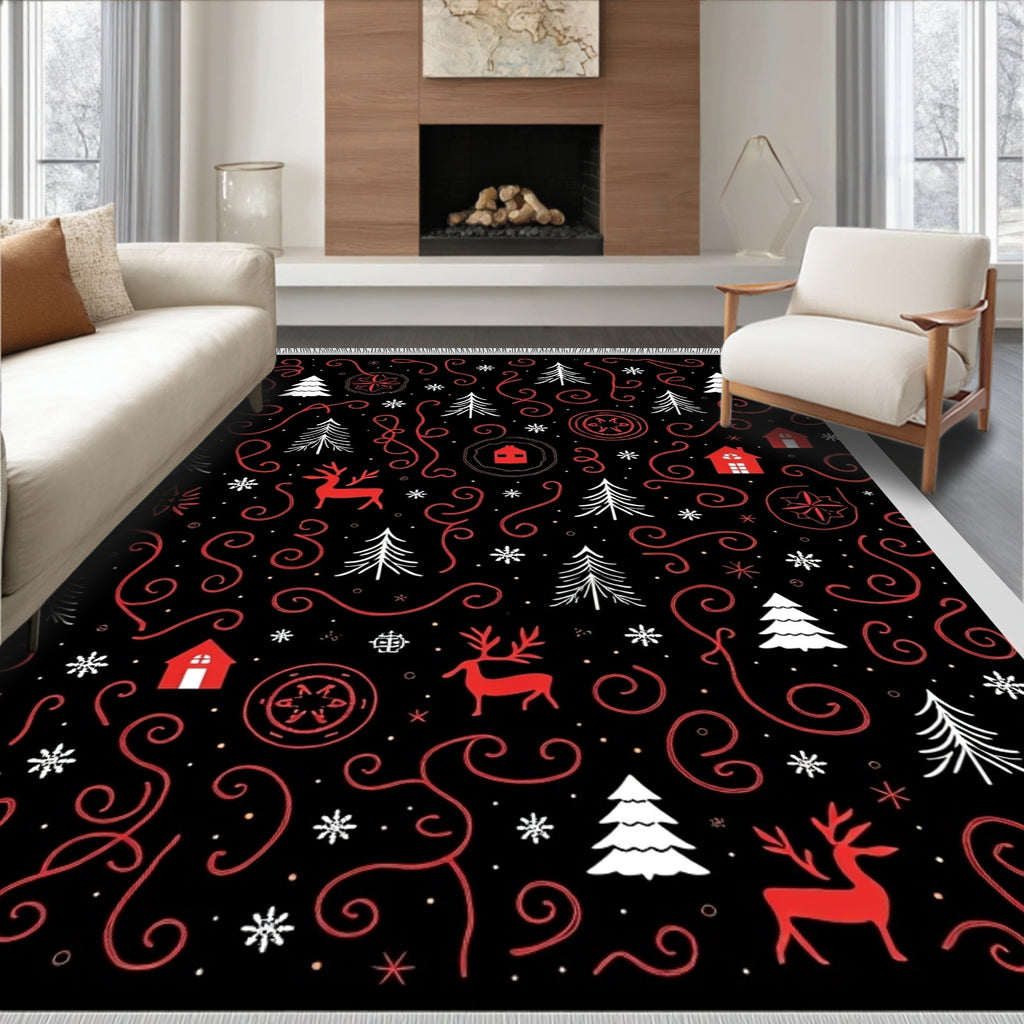 Red White Reindeer Christmas Trees Rug