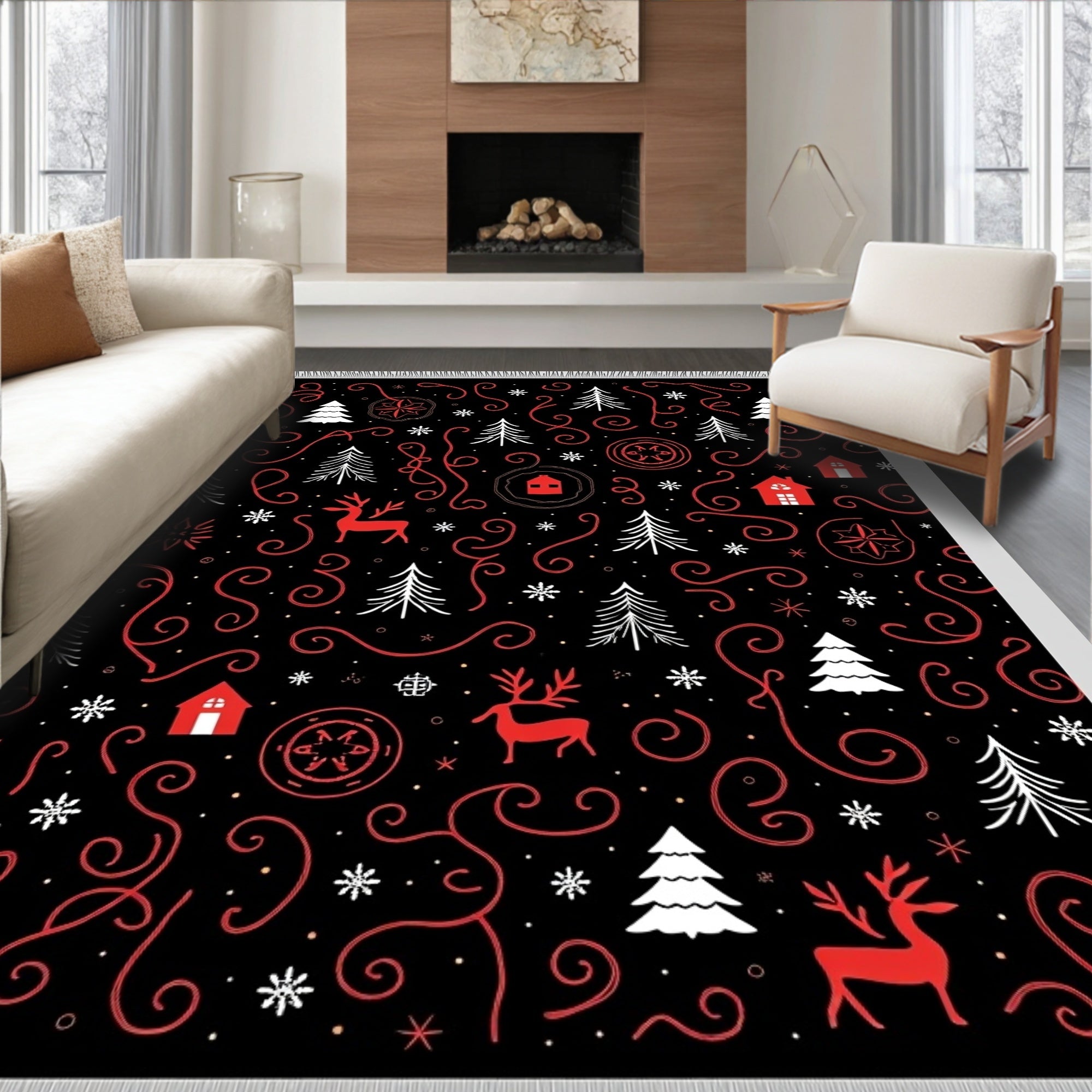 Red White Reindeer Christmas Trees Rug
