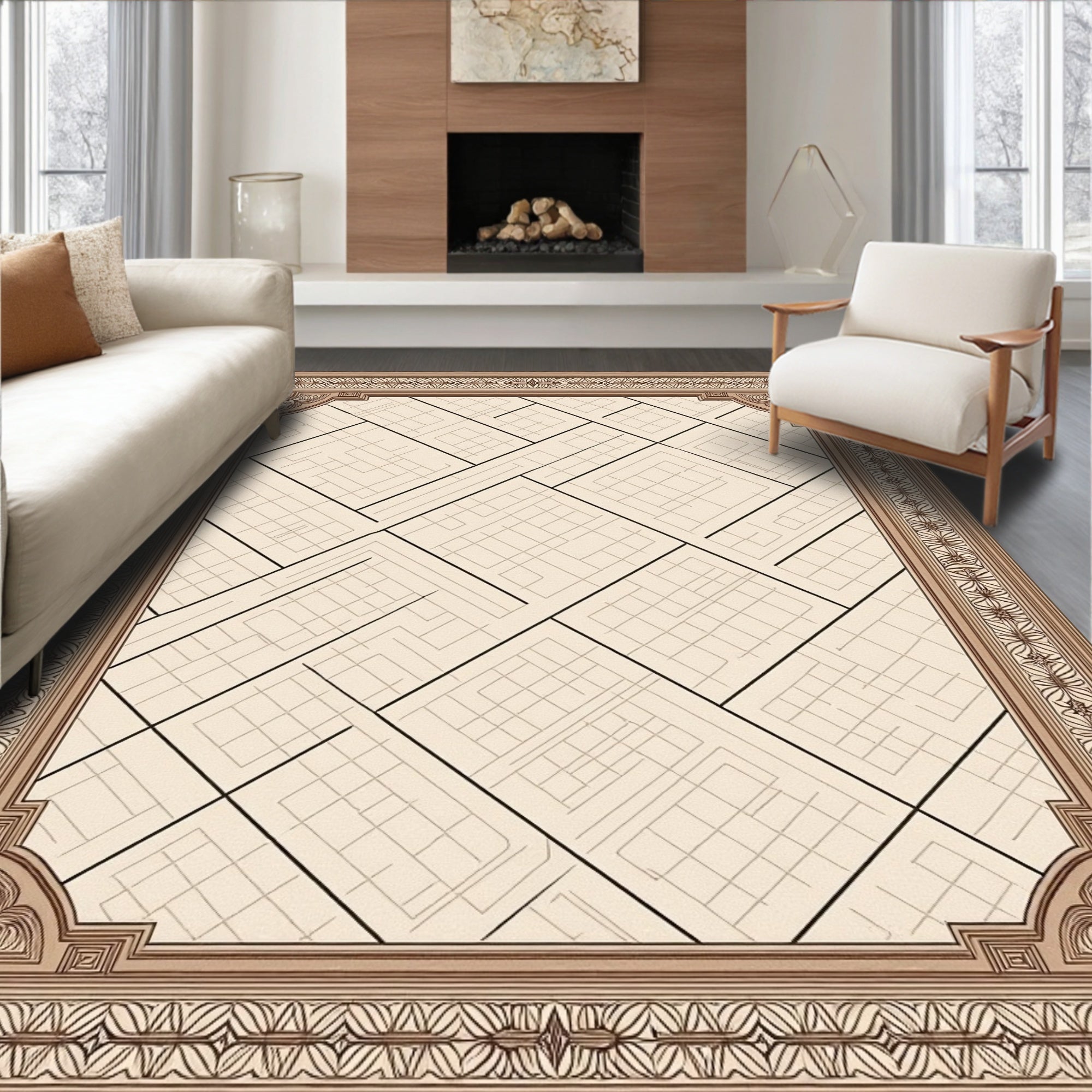 Subtle Beige Linear Geometric Border Rug