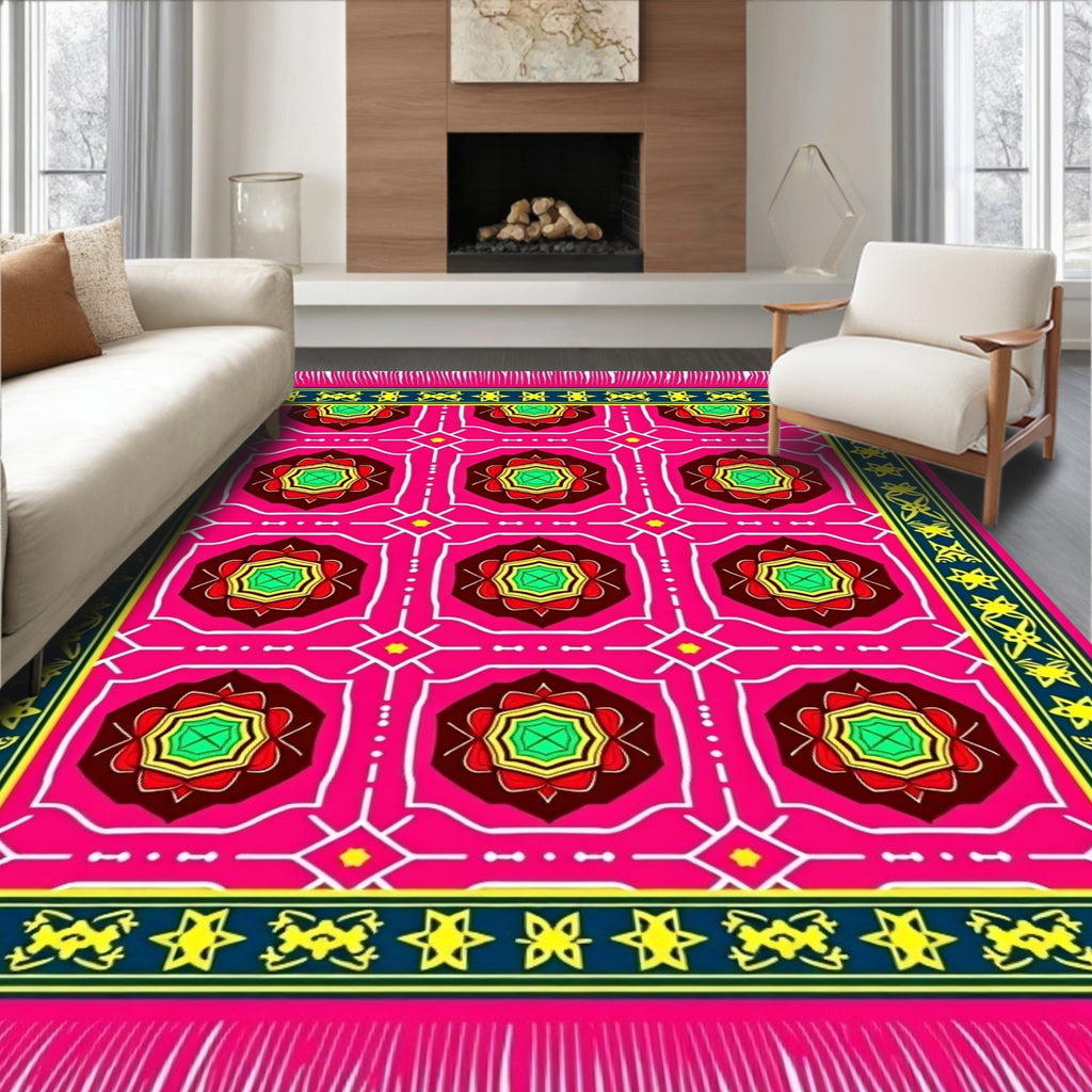Vibrant Pink Geometric Floral Rug