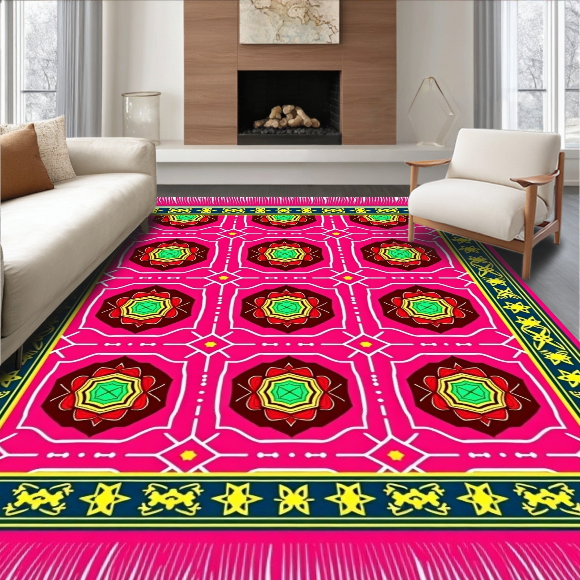 Vibrant Pink Geometric Floral Rug