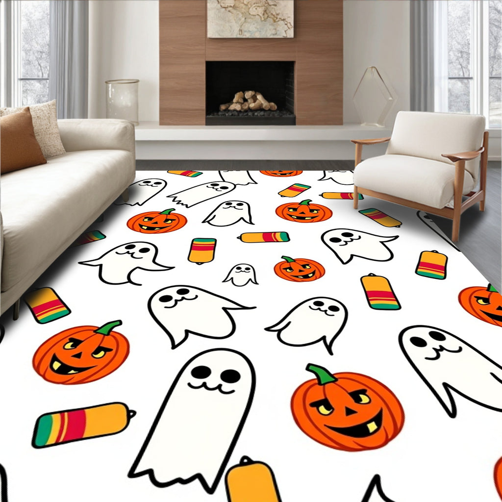 Happy Orange Pumpkin Ghost Candy Rug