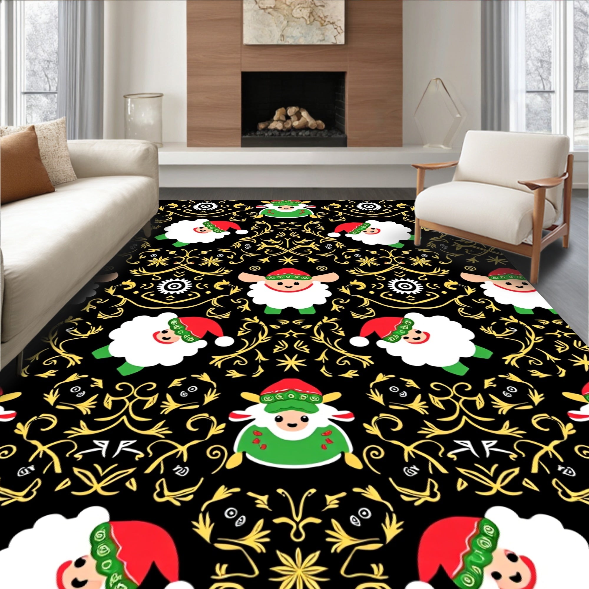 Whimsical Christmas Sheep Golden Swirls Rug
