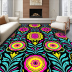 Vibrant Pink Yellow Black Floral Swirls Rug