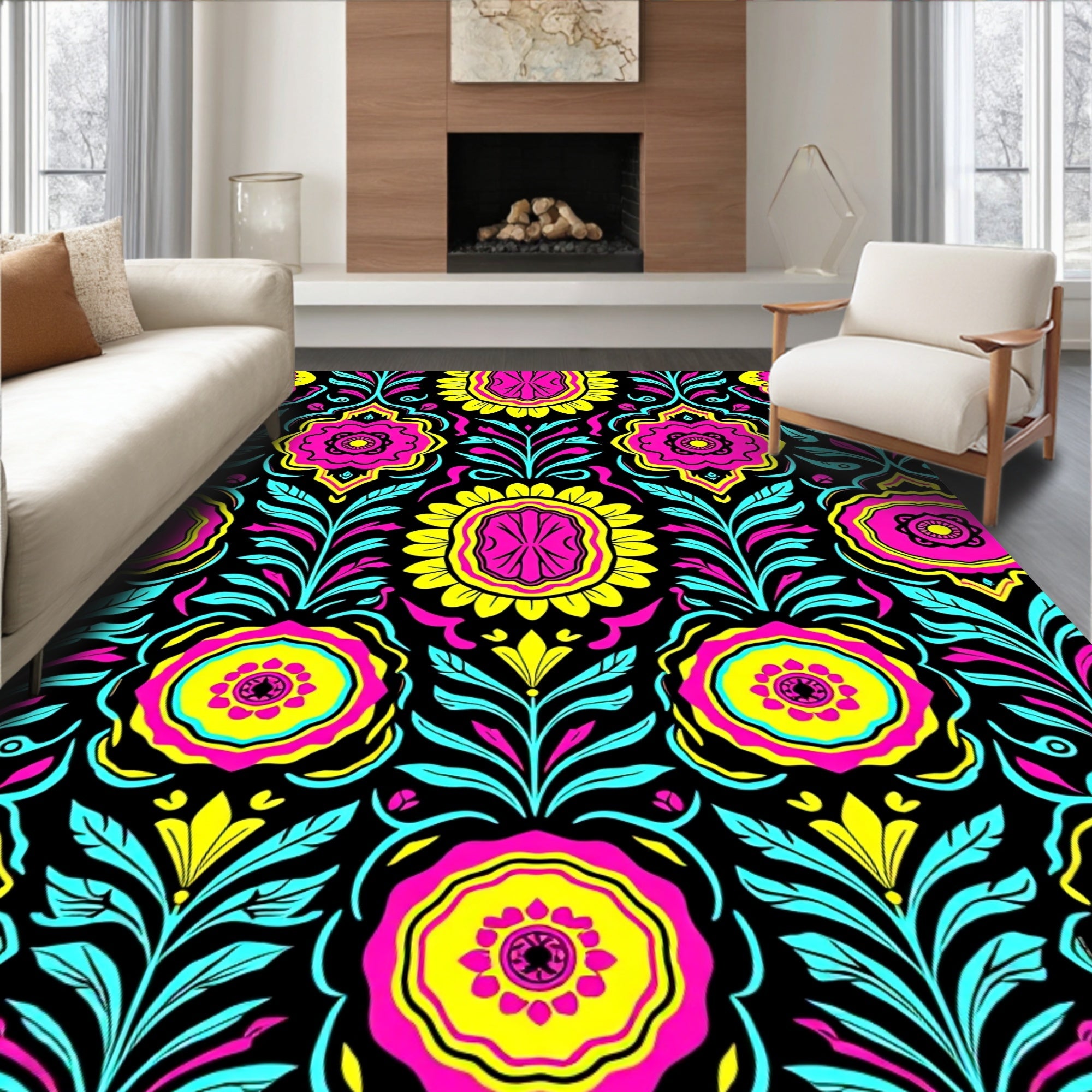 Vibrant Pink Yellow Black Floral Swirls Rug