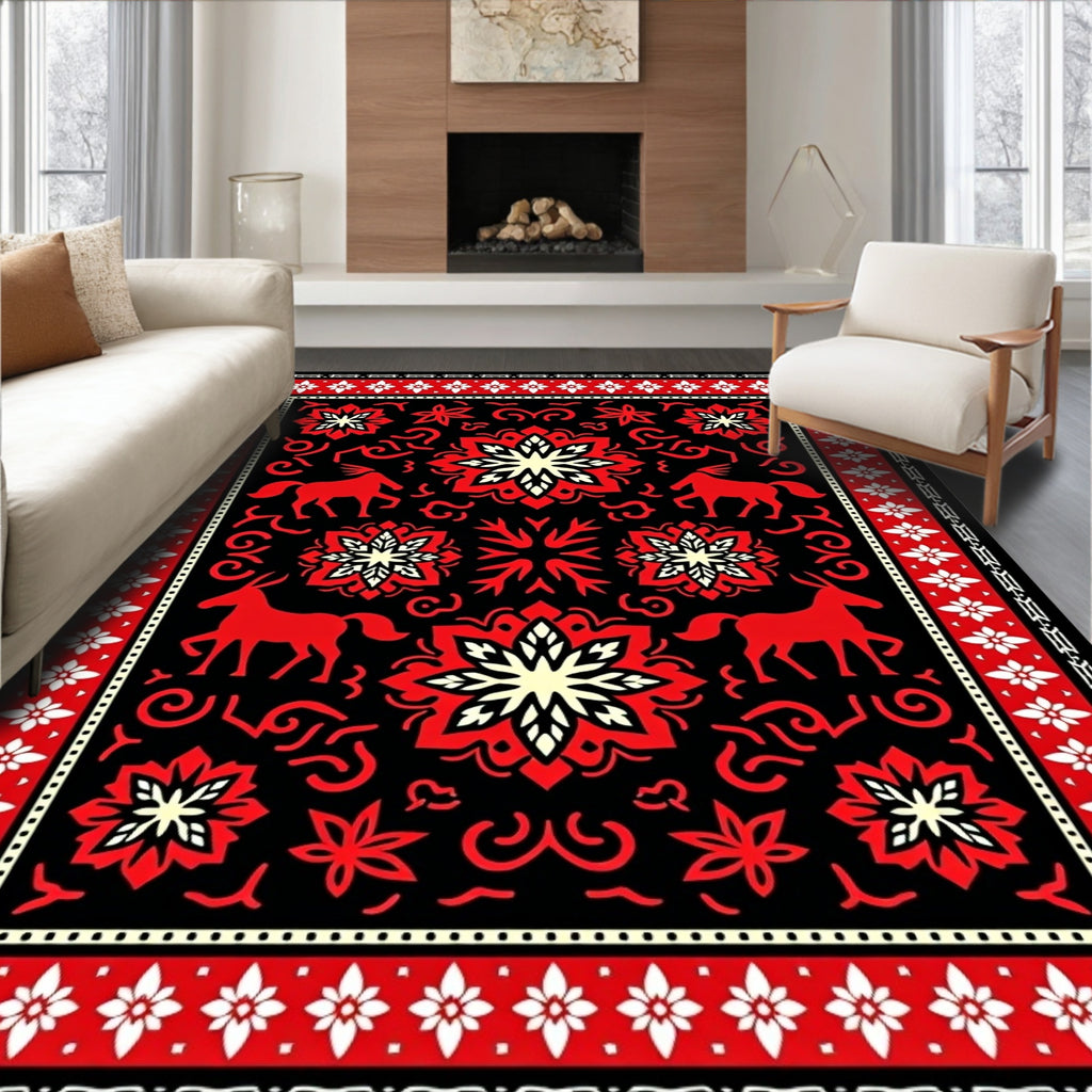 Bold Red Horse Floral Medallion Rug