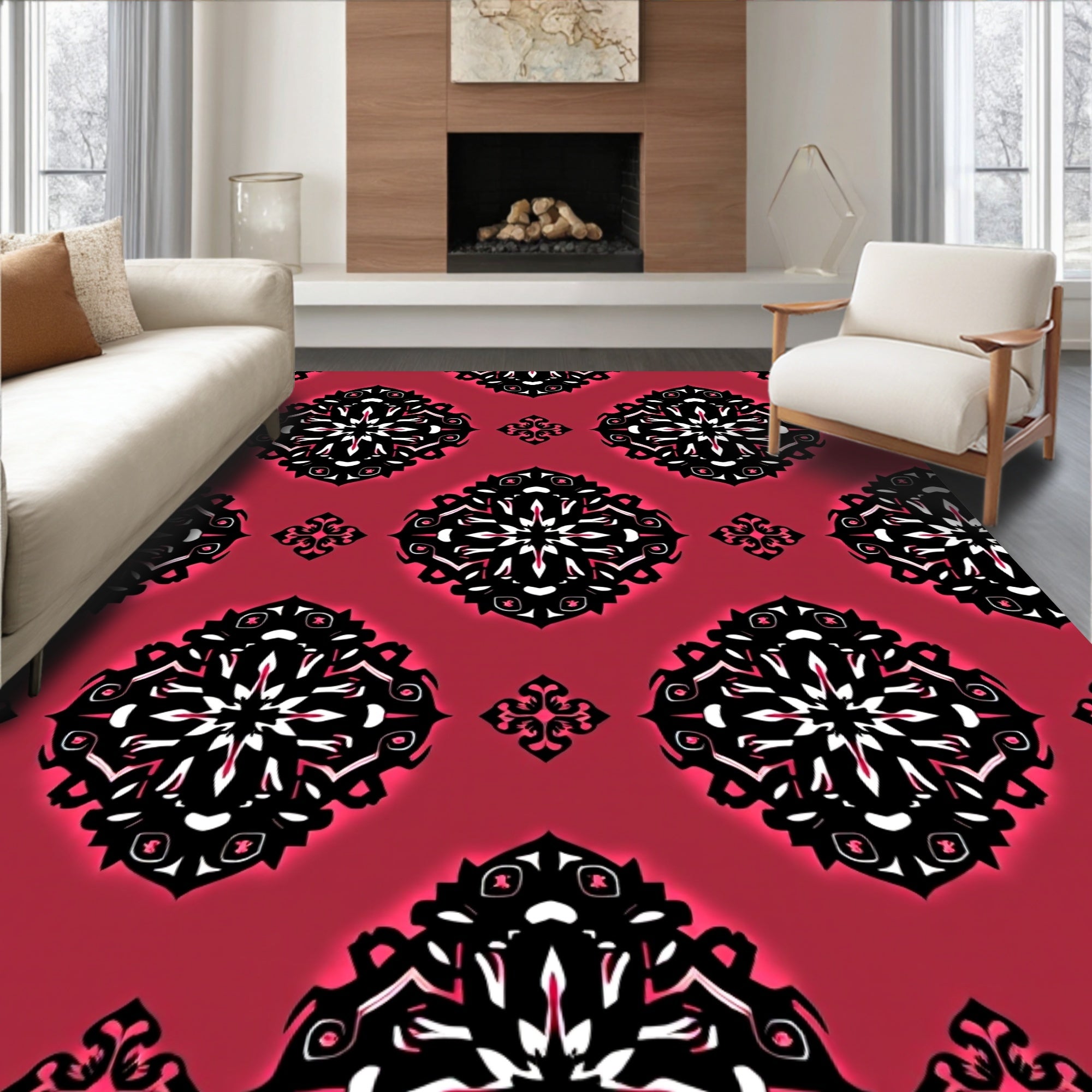 Crimson Black White Ornamental Medallion Rug