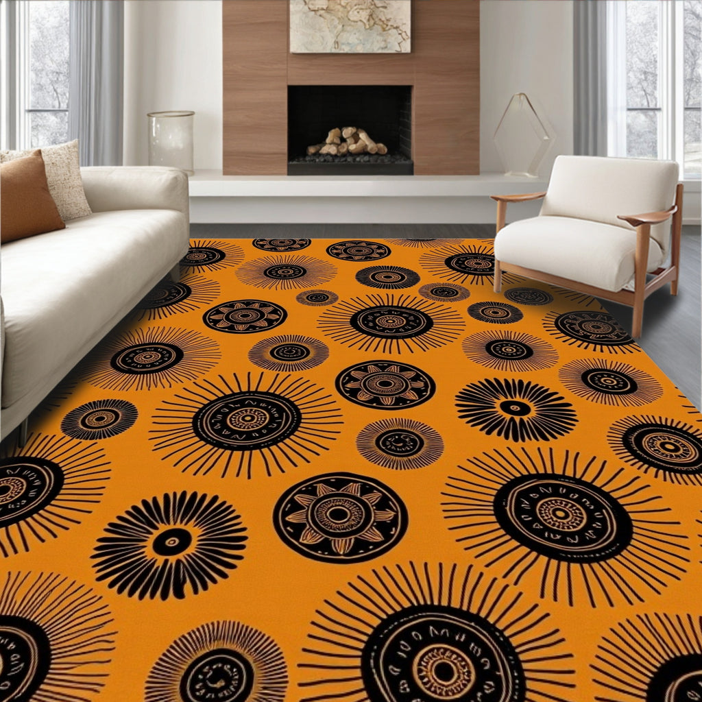 Bold Black Sunbursts Orange Medallion Rug