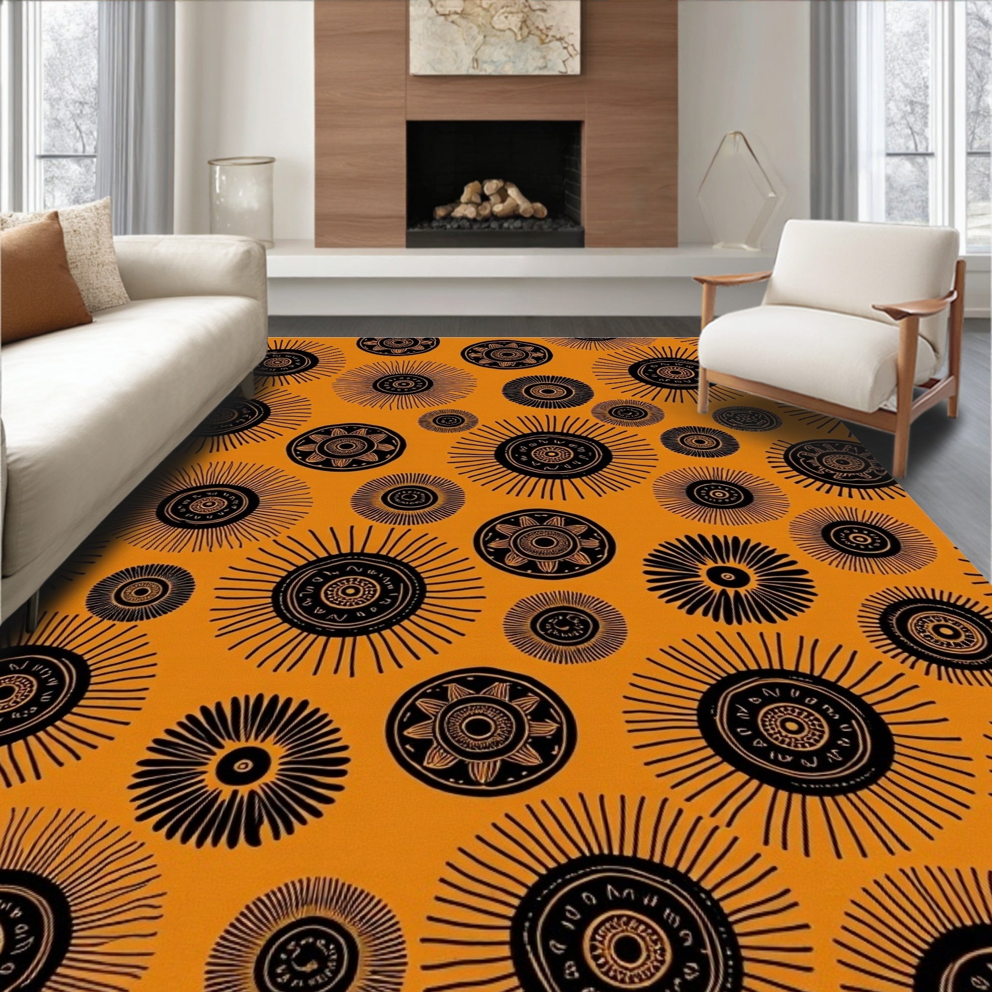 Bold Black Sunbursts Orange Medallion Rug