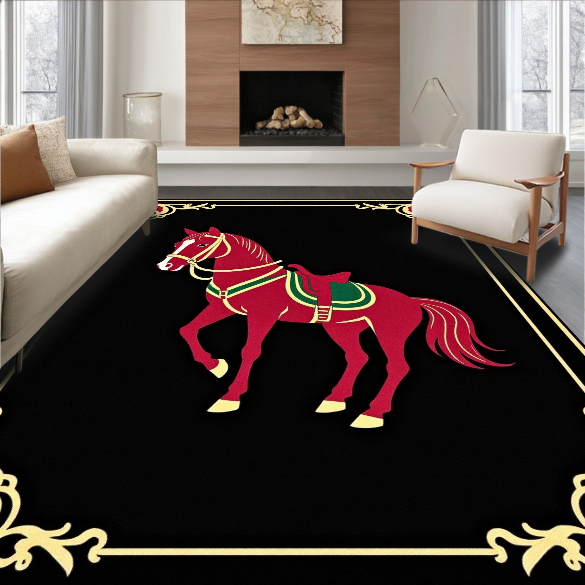 Crimson Horse With Golden Ornate Frame Rug