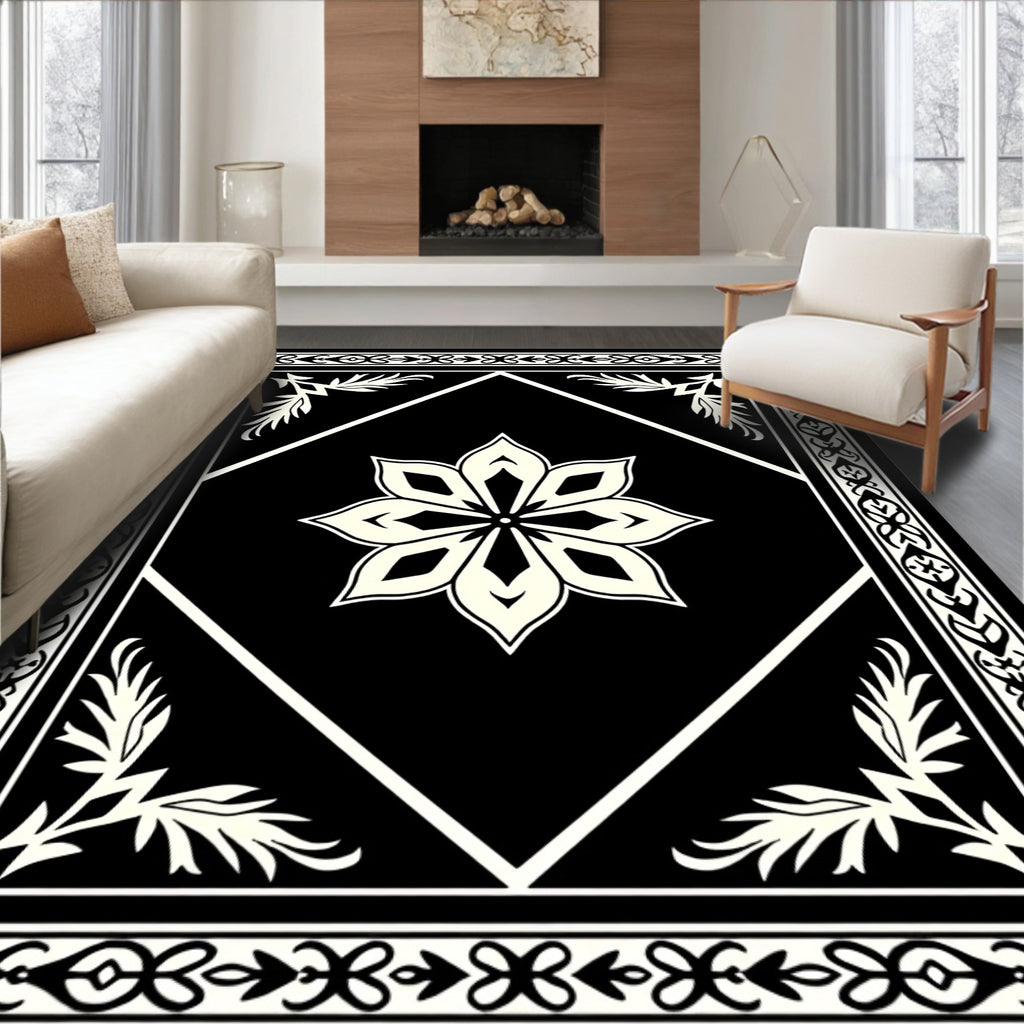 Bold Black Cream Floral Medallion Border Rug