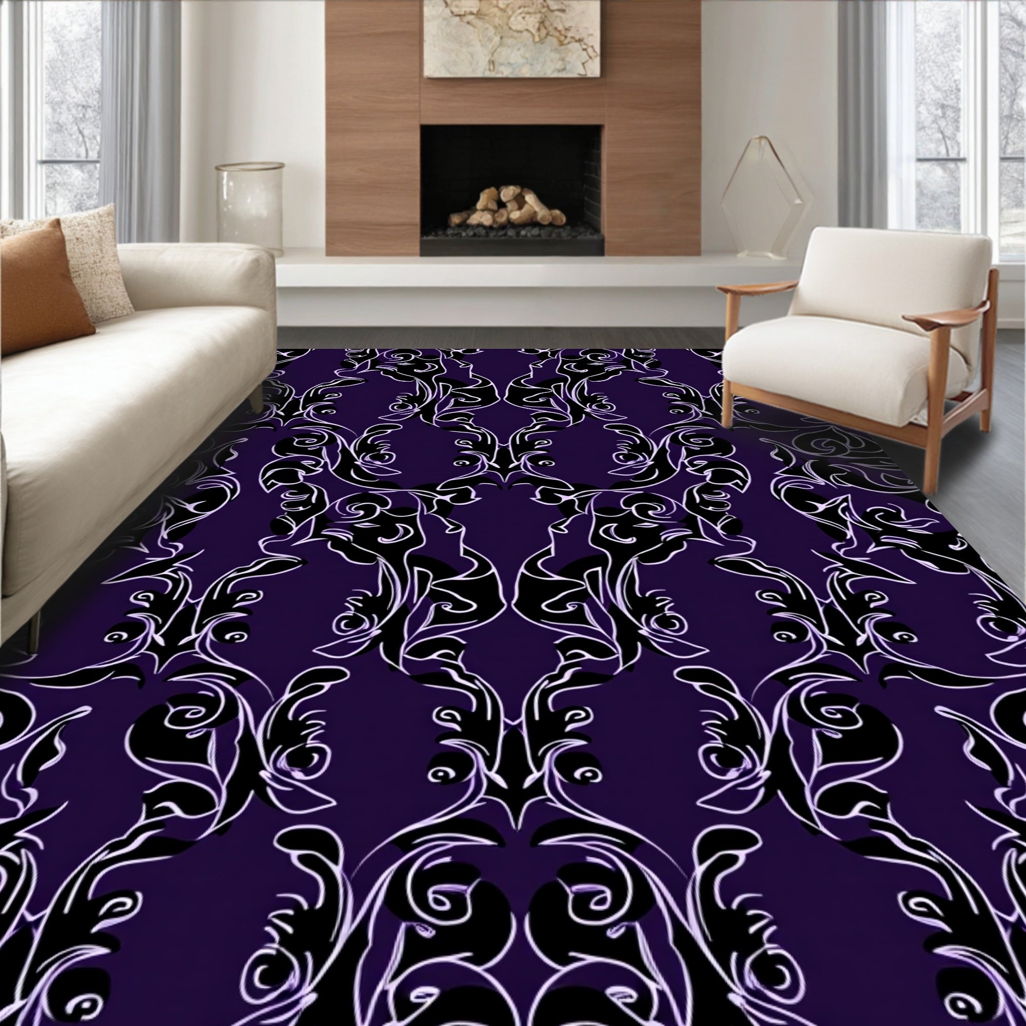 Deep Purple Scrollwork Baroque Rug