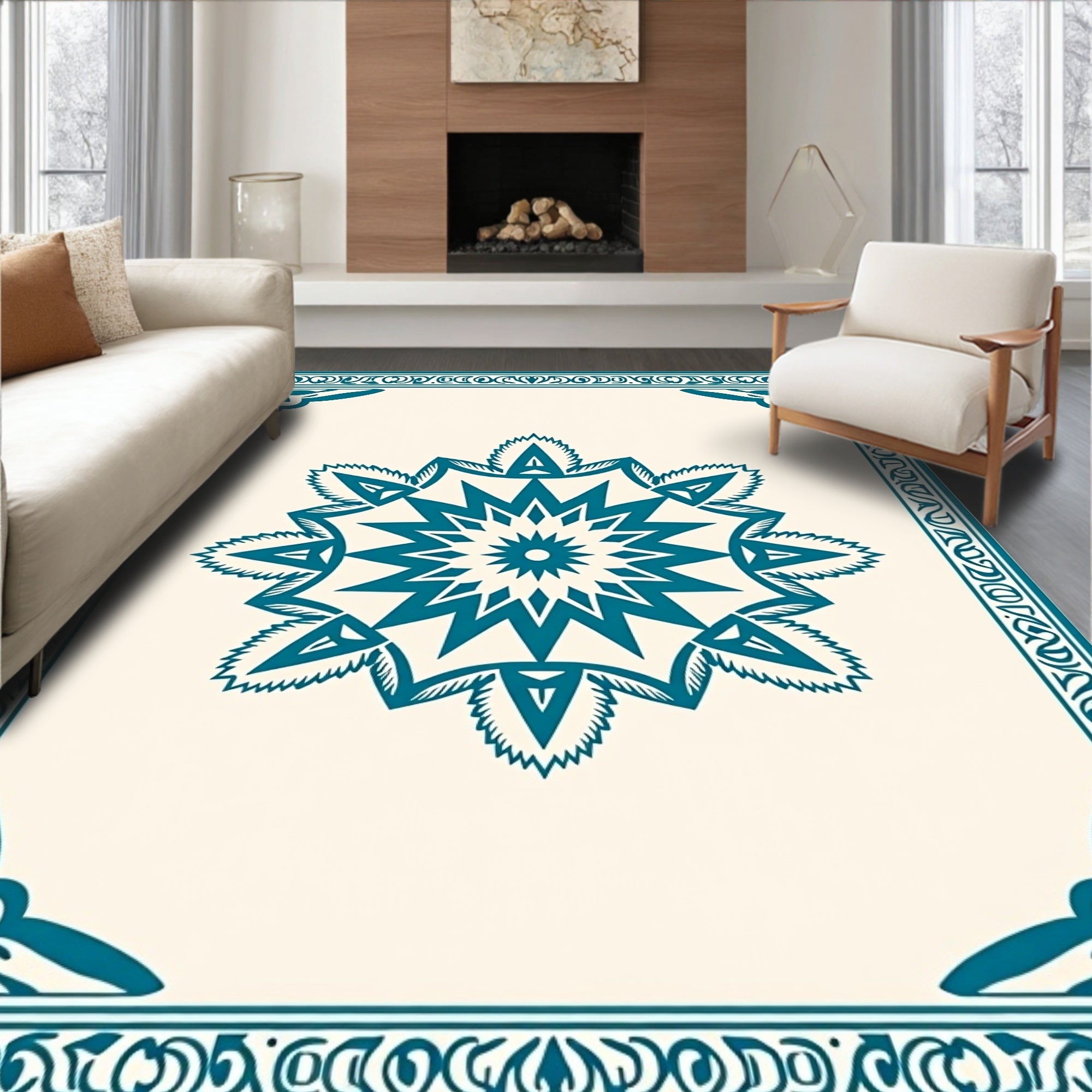 Teal Medallion Ivory Border Rug