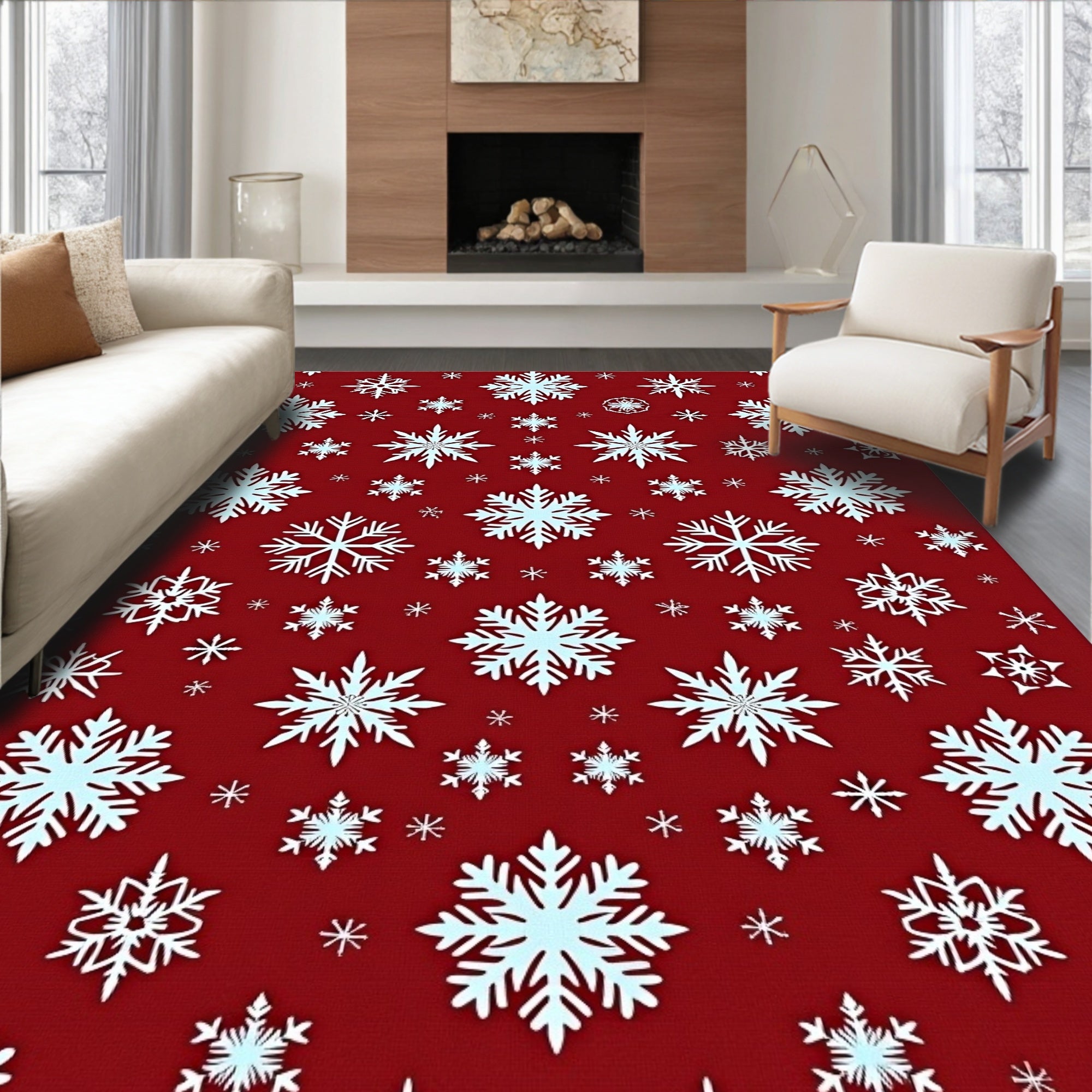 Red Background Snowflake Scatter Rug
