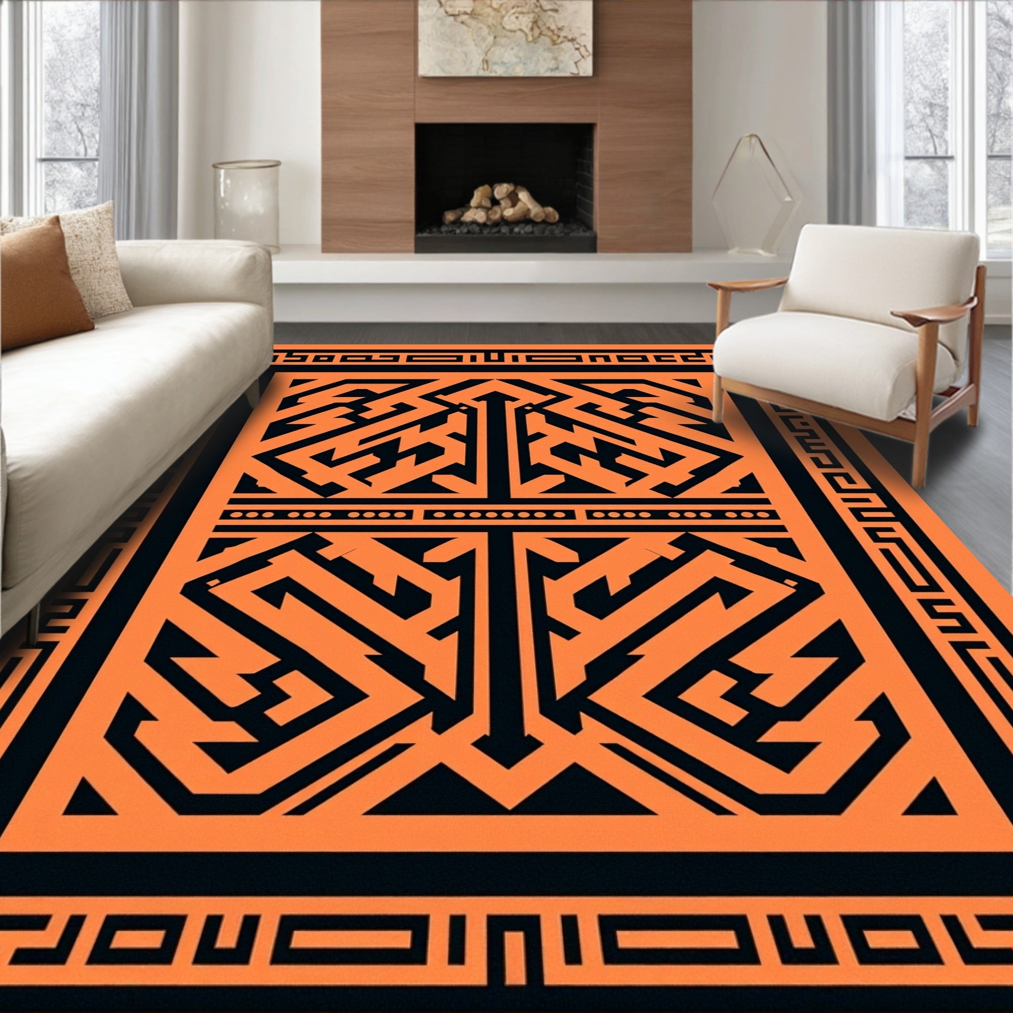 Bold Orange Geometric Maze Rug