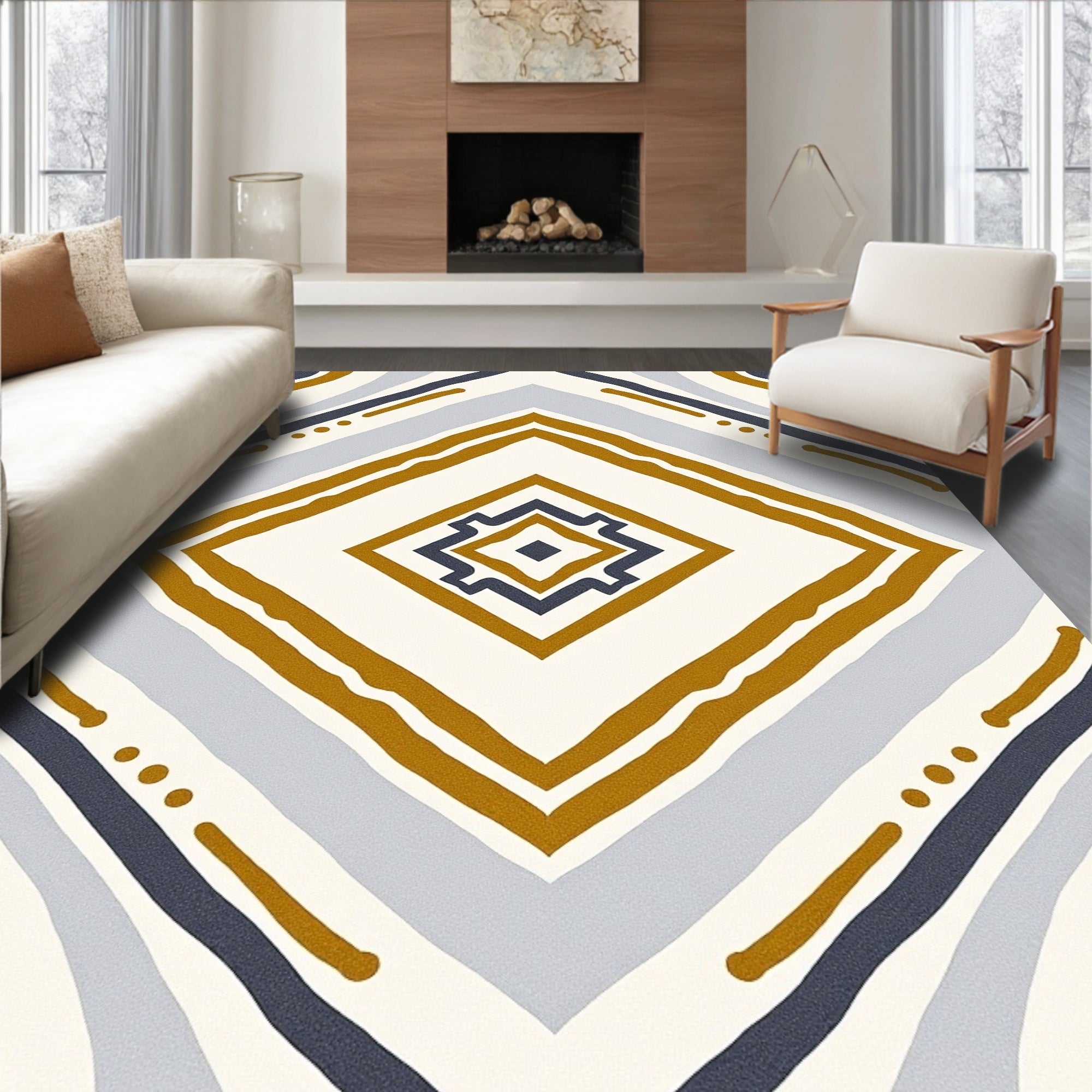 Golden Blue Geometric Diamond Ikat Rug